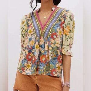 Anthro Bl-nk London Stephanie Floral Boho Blouse V-Neck M
